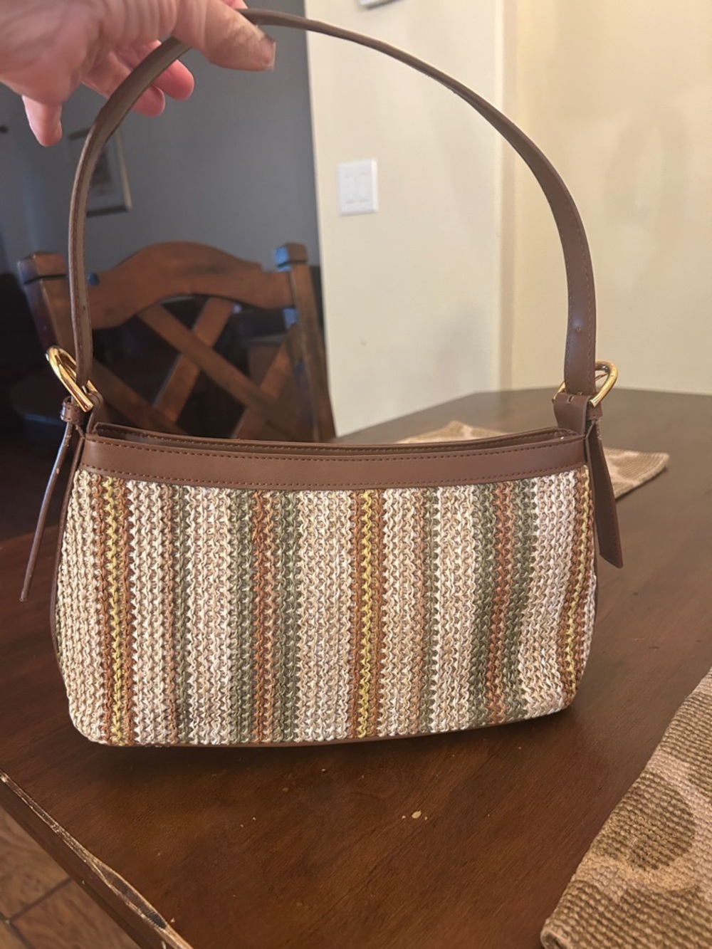Preston & York Striped Woven Shoulder Bag in Brown, Cream, Green and Gold